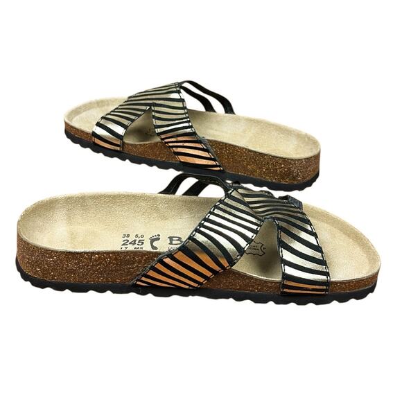 Betula by Birkentstock Gold Black Sandal Slip On Leather Flat Shoes Size 7 NWOB - Picture 1 of 7